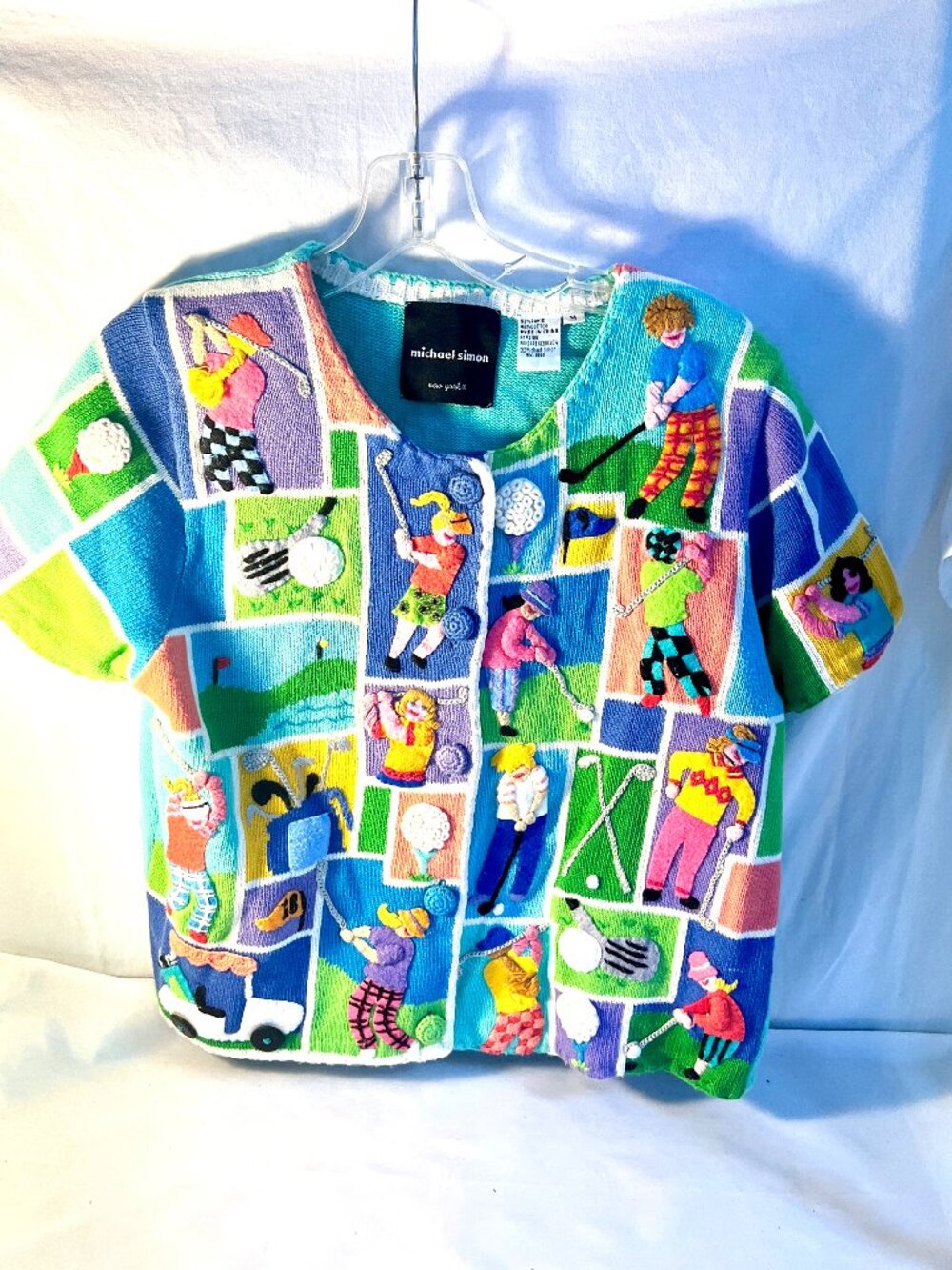Michael Simon Golf Sweater Cardigan Embroidered Novelty 1998 Short Sleeve-A4